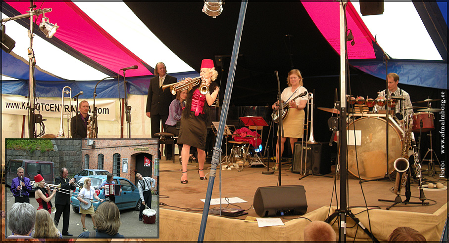 En v&auml;rldsmusiker som spelar p&aring; flera trumpter samtidigt Gunhild Carling